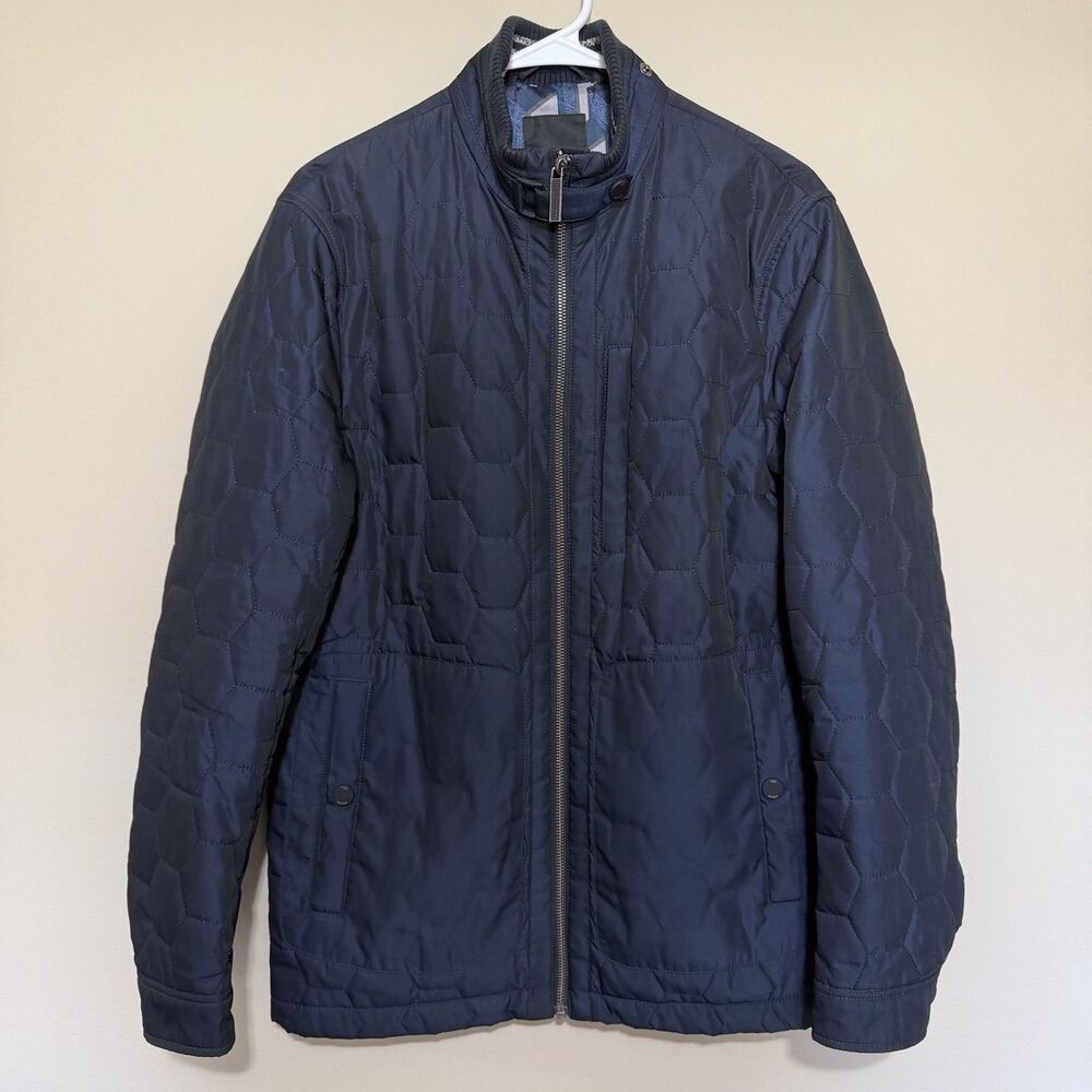 Ted Baker Jacket Mens 2 (Small) Blue Quilted Full Zip Pockets Snap Button Collar